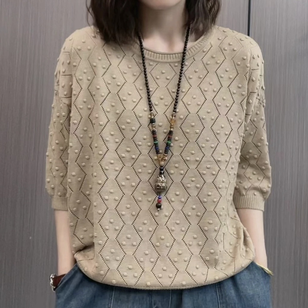 Hollow Breathable Sweater for Women Cropped Sleeves Knitted Sweater Loose Thin Knitted Top