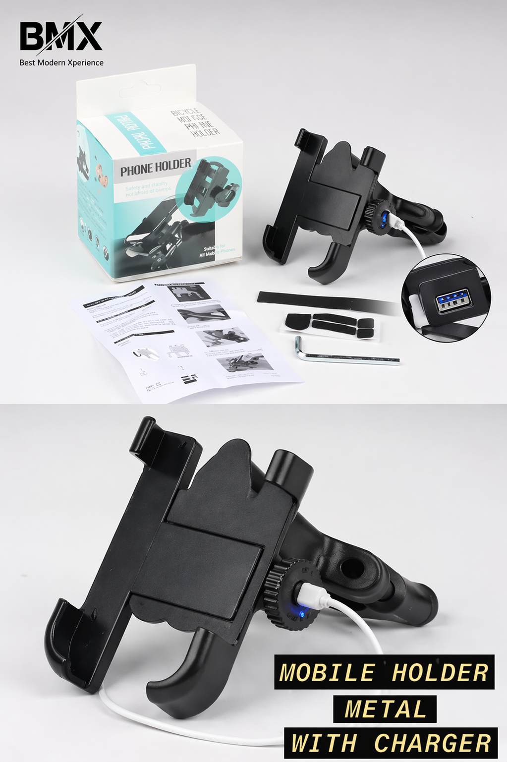 Metal Bike Mobile Holder with USB Charger | Heavy Duty Motorcycle Phone Holder | Universal Handle Bar Mount All Phones Mobile Holder Adjustable Mobile Holder Riding Mobile Holder  Long Ride Mobile Holder