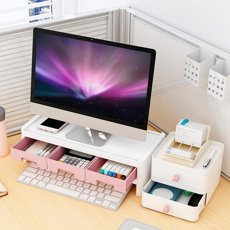 Desktop computer monitor, elevated office, desktop storage box, neck guard, screen, drawer shelf