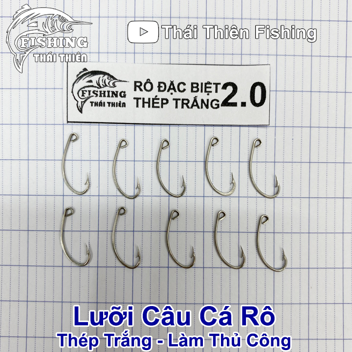 Lưỡi câu cá rô thép trắng đặc biệt làm thủ công có ngạnh xỏ lỗ vỉ 10 cái nhiều kích thước