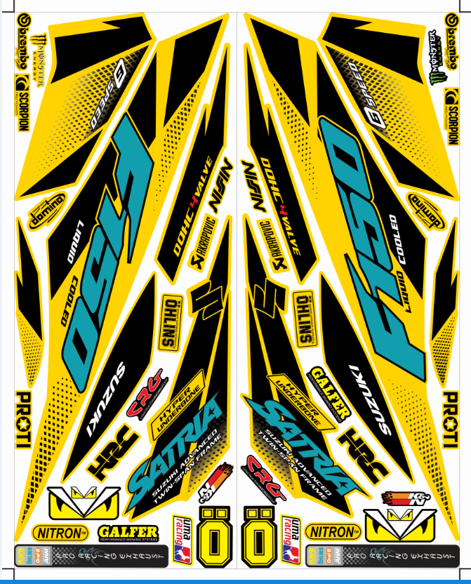 Tem rời Satria F150 dán xe vàng chữ xanh