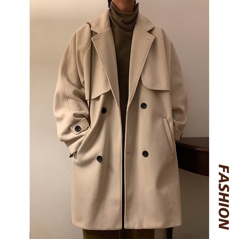 ASRV Men's coat - Double-breasted chic trench coat Men autumn and winter fat big size long trench coat Shelby wool coat