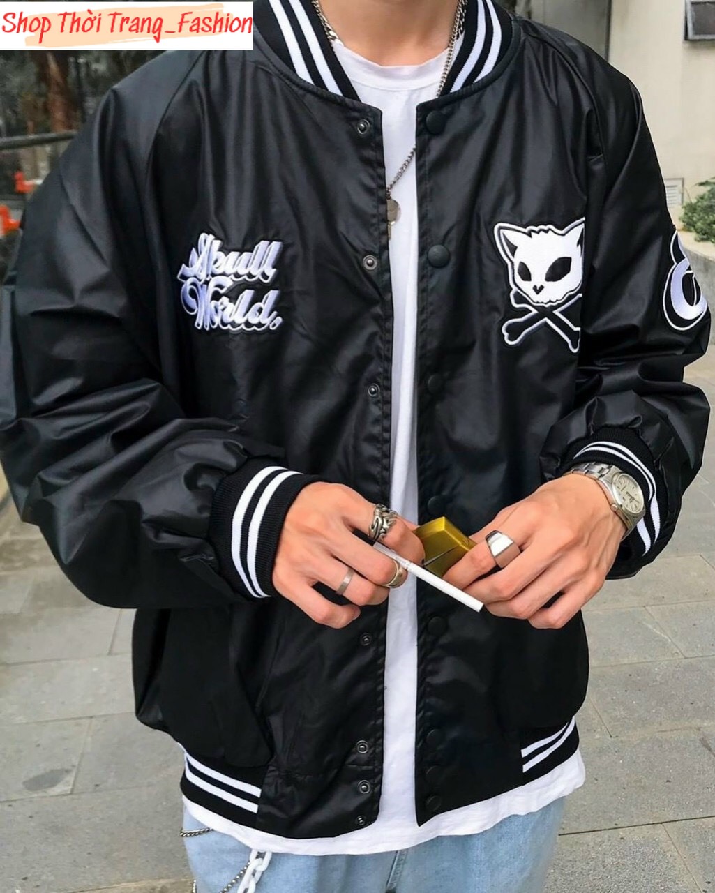 ÁO KHOÁC DÙ BOMBER NAM NÚT BẤM BÓNG CHÀY IN HÌNH CHÚ MÈO SIÊU ĐẸP HOT TREND