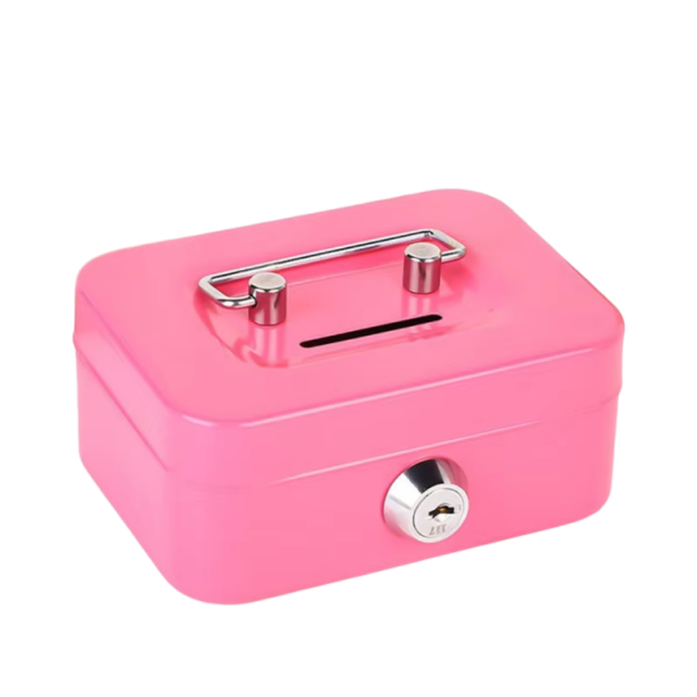 Creative Mini Lockable Cash Box Metal with Key Lock Box Sturdy Construction with Handle Money Safe Case Home Use. 