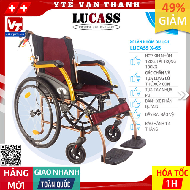 ✅ xe lăn tay nhôm du lịch lucass x-65 | | gác chân, tựa lưng xếp gọn -vt1105 - y tế vạn thành