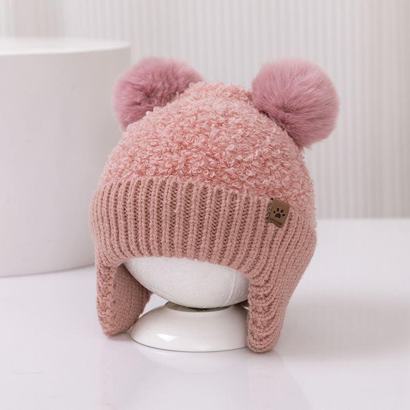I love daddy&mummy 6m-3y cute fur pompom baby earmuffs cap winter kids ear protection hat thick velvet warm children bonnet solid color toddler beanies