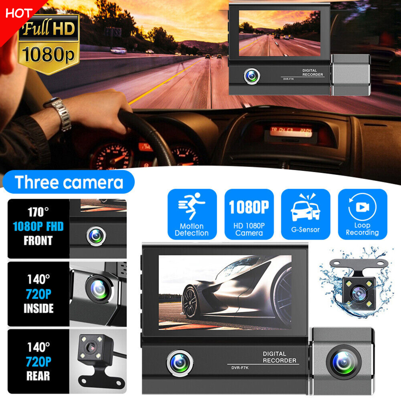 Car Dash Cam Front And Rear Inside 3 Camera Hd 1080p 170° Dvr