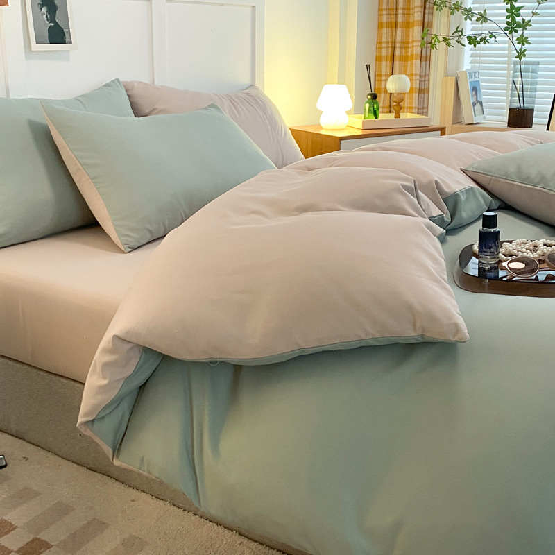 Solid color double washed cotton four-piece set thickened brushed three-piece bedding