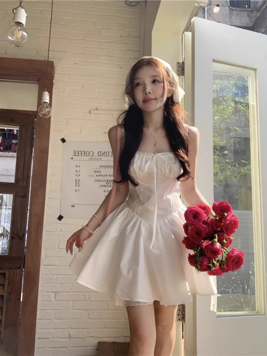 IEF Solid Color Fishbone Suspender Short Skirt First Love Sweet Vacation Waist Dress