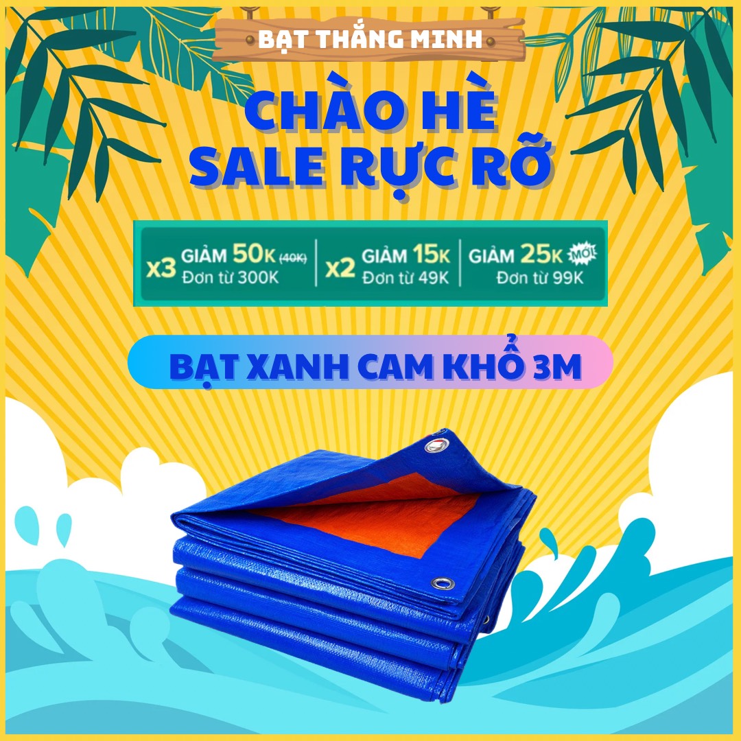tấm bạt che nắng mưa ngoài trời chống thấm nước may sẵn viền khuyết che mái trùm xe phủ đất lót ao bể bơi trải sàn ngủ picnic cắm trại, bat xanh cam hàn quốc bạt hai da khổ lớn 3m dày 170gr chịu lực gió mưa. bạt thắng minh