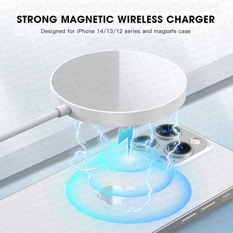 Universal Magnetic Wireless Charger for iPhone 12/13/14 Series, Fast Charging Pad with Smart Connectivity.