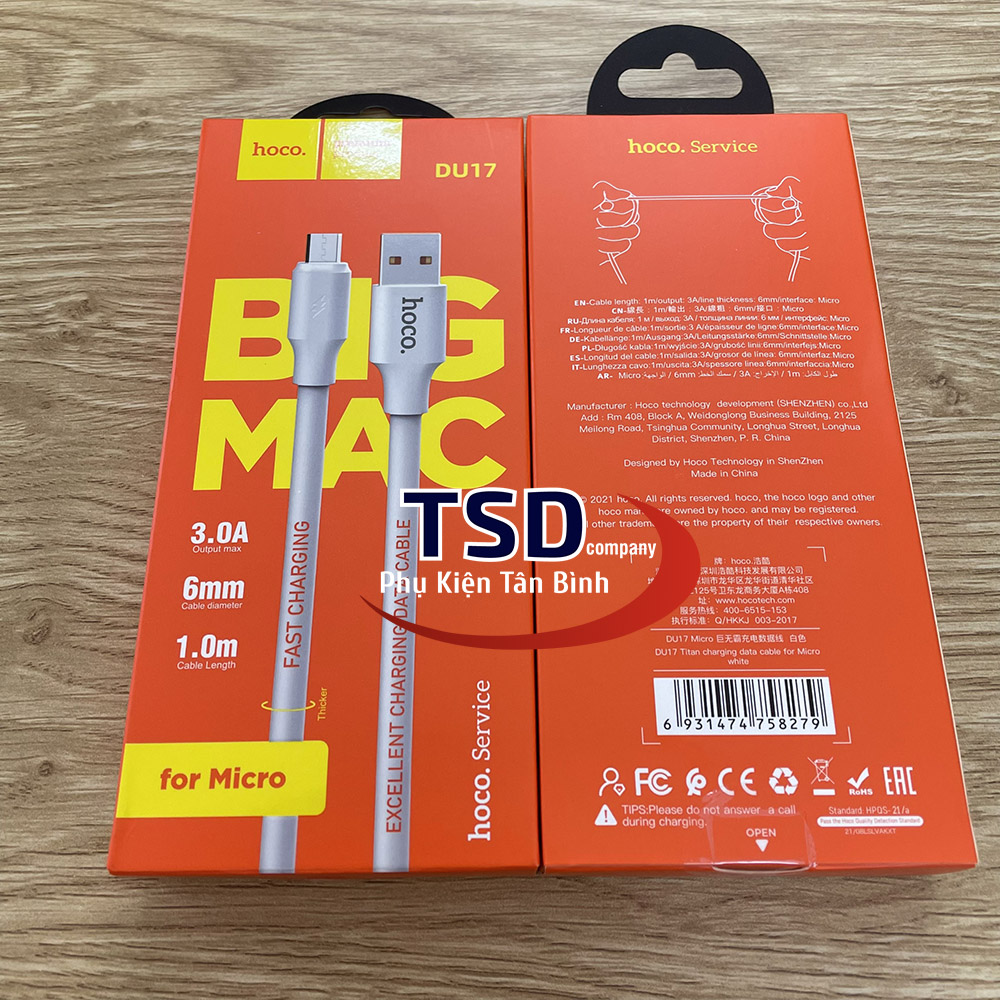 Cáp Sạc Nhanh Cổng Micro USB Hoco DU17 Chính Hãng Dài 1 Mét