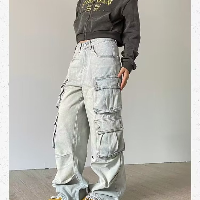 ASRV Jeans men's retro distressed washed jeans multi-pocket flap square pocket overalls