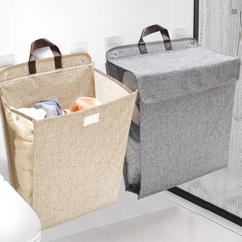 Large Capacity Foldable Hanging Laundry Basket Linen Wall-mounted Dirty Clothes Basket Space-saving Waterproof Bathroom Storage Basket