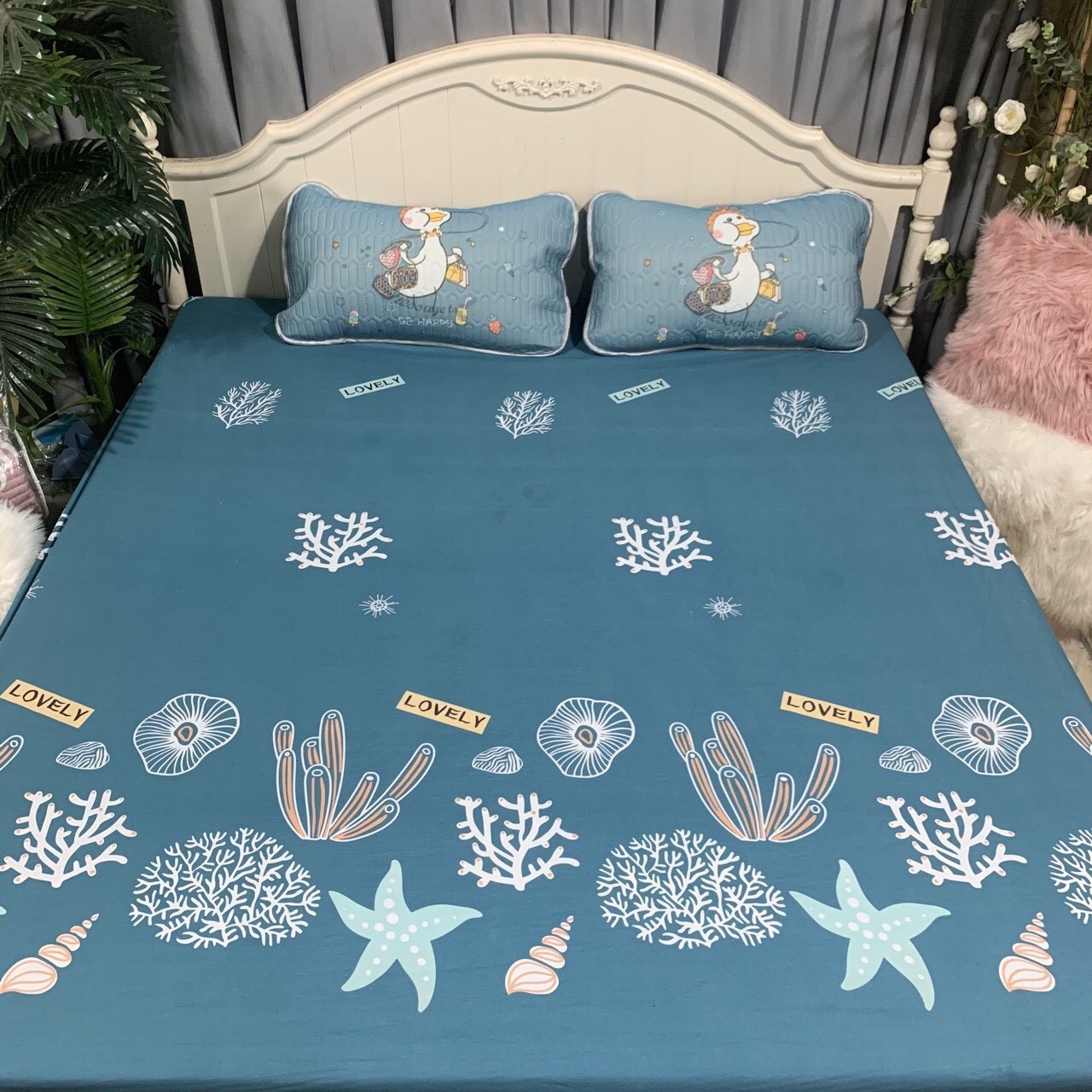 Ga chống thấm cotton họa tiết dễ thương - Mẫu Huơu Cao Cổ Drap chống thấm cho gia đình có trẻ nhỏ, người già