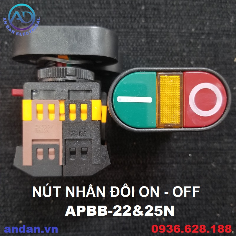 Nút nhấn đôi on-off có đèn apbb-22&25n 600v 10a, công tắc nhấn đôi 220vac