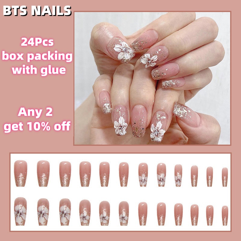 BTS%20%E3%80%90WITH%20GLUE%E3%80%9124Pcs%20Elegant%20Pink%20Fake%20Nails%20DIY%20Art%20Design%20False%20Nails%20Hand-painted%20Flowers%20Wearable%20Nails%20Stylish%20Pattern%20Artificial%20Nails%20Women's%20gifts%20New%202025%20-%20Image%202