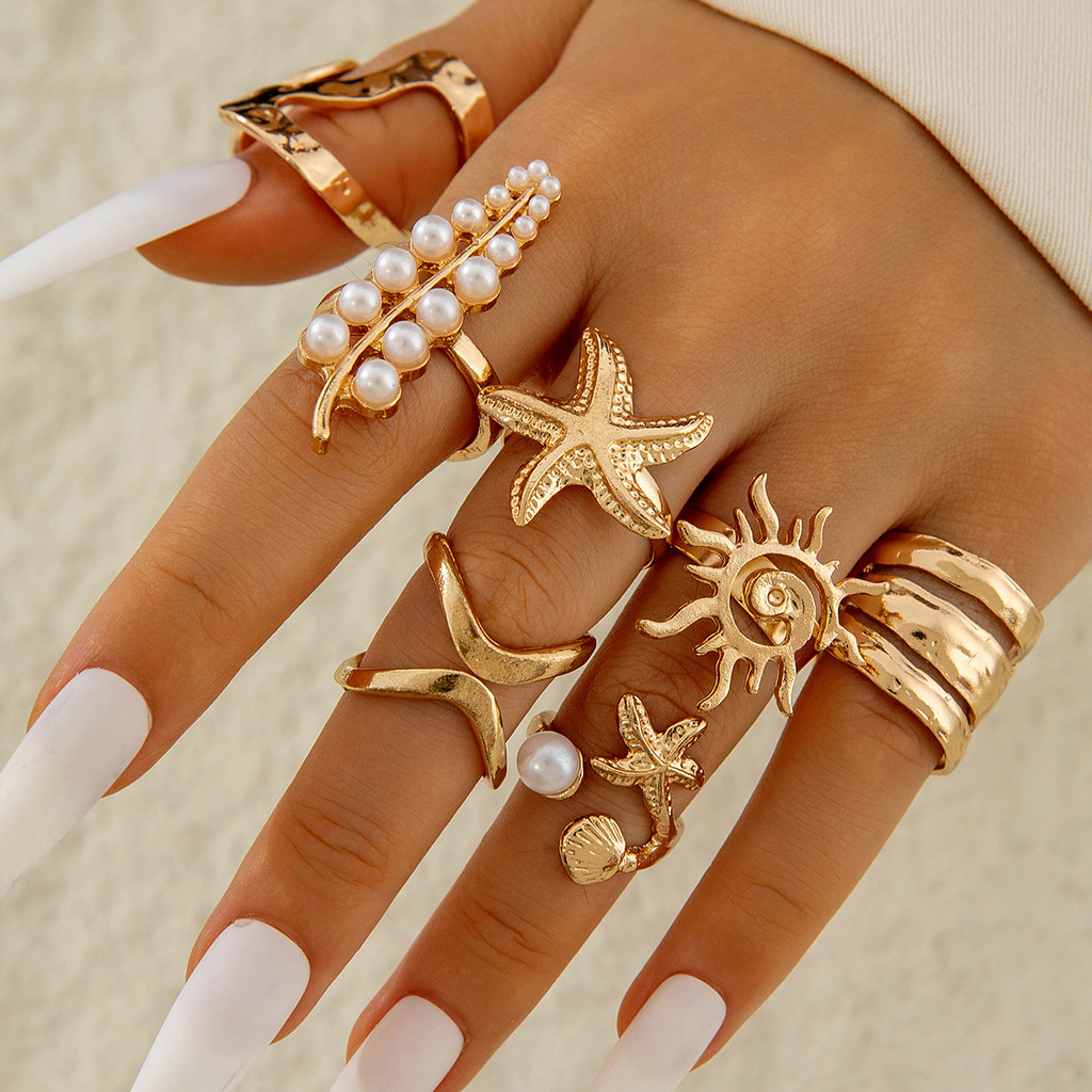 Enacolor%206Pcs/Set%20Rings%20Retro%20Leaf%20Pearls%20Ring%20Set%20Women's%20Party%20Irregular%20Starfish%20Sun%20Rings%20Joint%20Finger%20Jewelry%20Accessories%20-%20Image%202