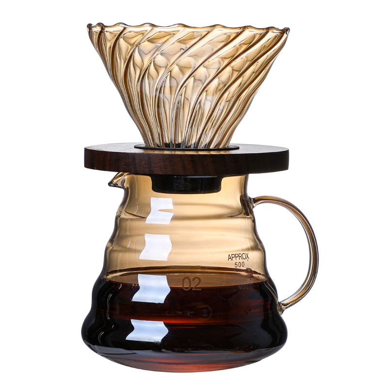 Pour Over Coffee Set V02 Dripper 600ml Server V60 Filter Glass Funnel Drip Maker Brewing Cup Wooden Holder Bar Reusable Tools