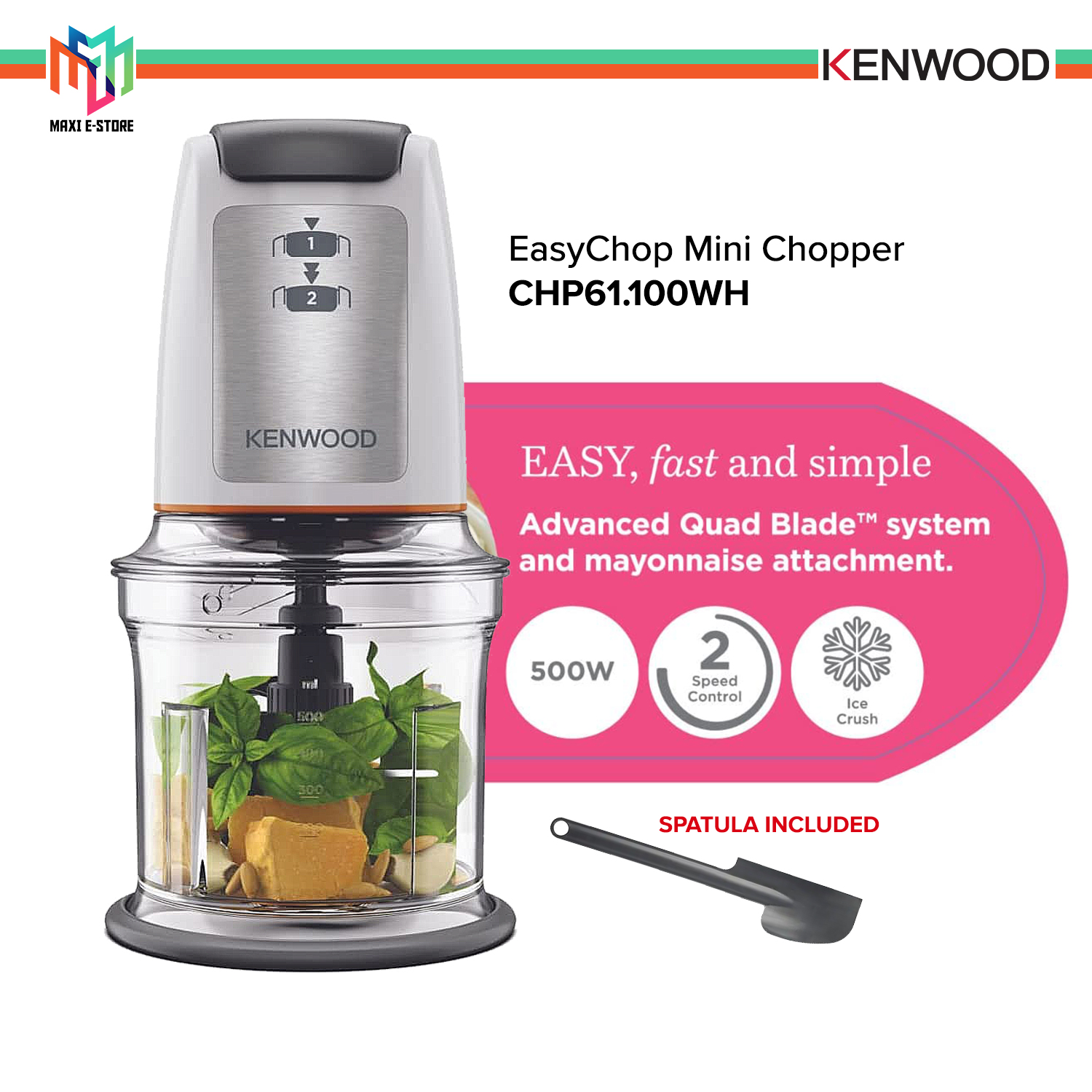 Kenwood EasyChop Mini Chopper CHP61.100WH Quad Blade 500W Ice Crush
