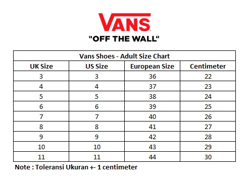 Sepatu Vans Size Chart Unisex Size Chart Sepatu Vans Shop