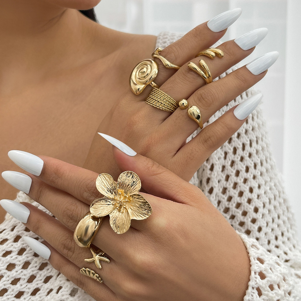 Enacolor Rings for Girls All Season Polished Alloy Boho Retro Flower & Starfish Ring Set – 8Pcs Fashion Jewellery.