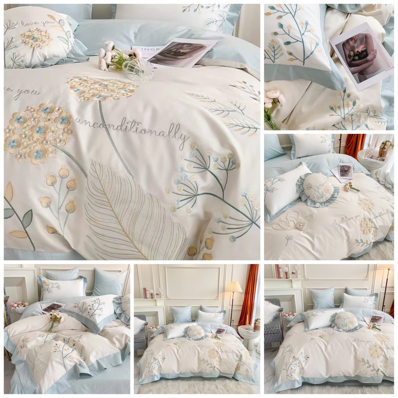 🎶chăn ga gối lụa sateen 100s thêu hoa cẩm tú cầu nhập khẩu set 4 món