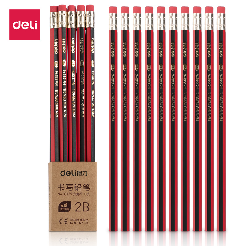 Combo 10 bút chì gỗ kèm đầu tẩy 2b/hb lục giác deli - bút chì gỗ - 10 chiếc/hộp - 33158 / 33159