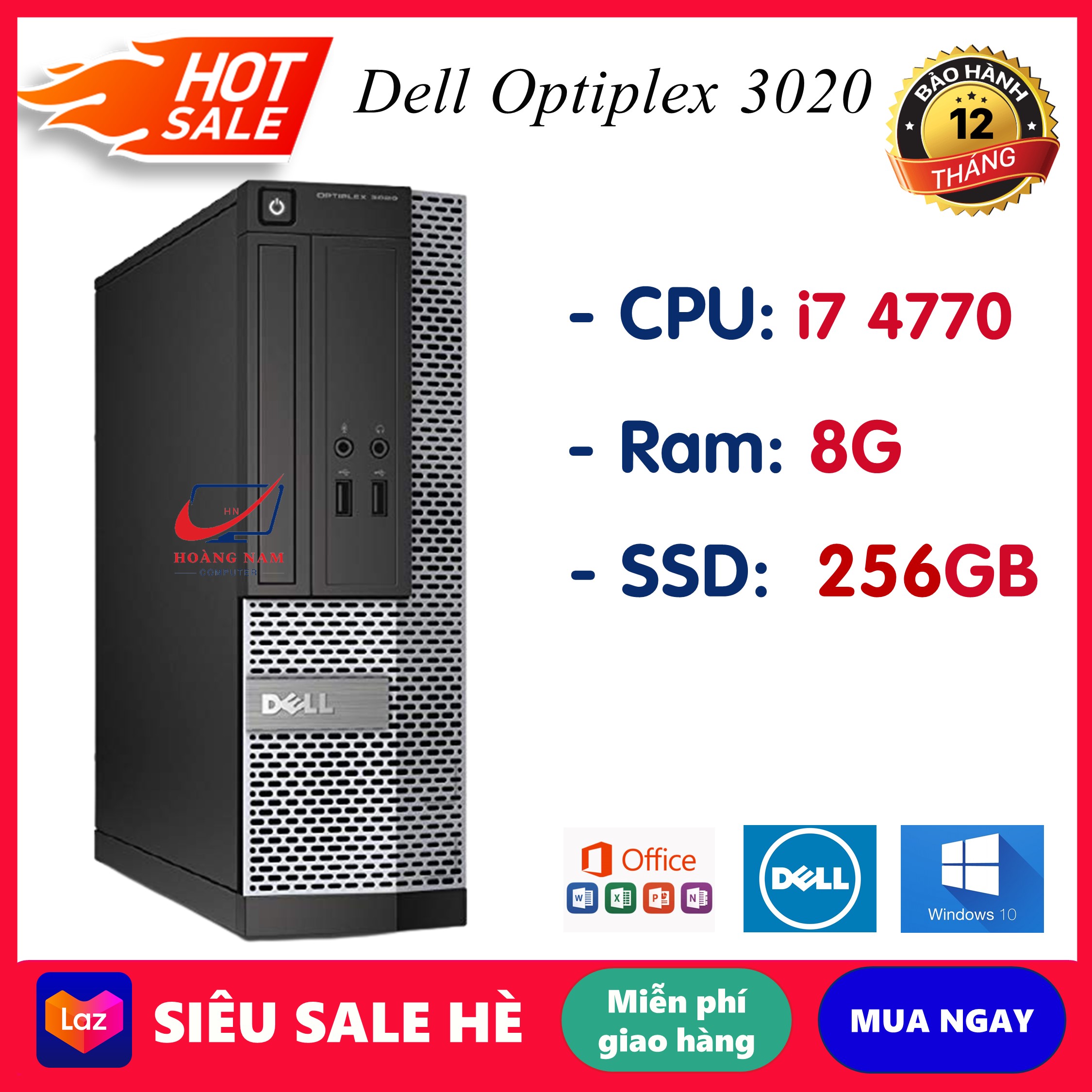 Case máy tính để bàn đồng bộ Dell Optiplex 3020 Core i7 4770/Ram 8GB/SSD 256GB, máy văn phòng cấu hình cao siêu bền, bảo hành 12 tháng lỗi 1 đổi 1