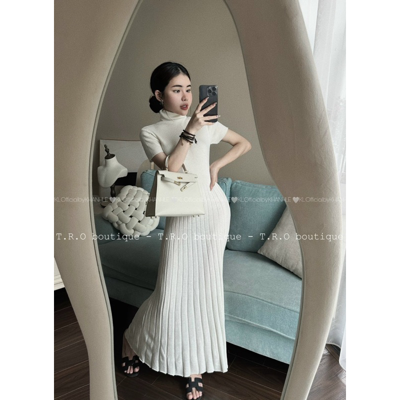 AA18-Đầm len xếp ly mỏng dáng dài tay cộc có cổ (ảnh thật)