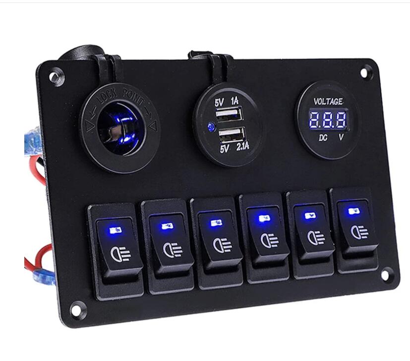 6 Gang LED Switch Panel Car DC 12V 24V Switch with Waterproof Dual USB LED Voltmeter Waterproof Switch Board Blue LED On Off Switch Board 6 Gang 12V Car Boat Circuit, Dual USB