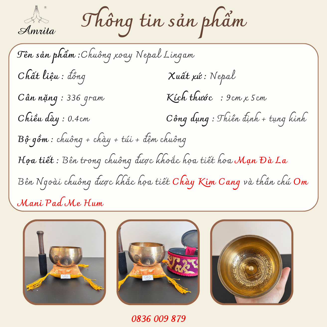 Bộ chuông xoay Nepal mini kết hợp tụng kinh và thiền định nhỏ gọn - Chuông đồng mini- Chuông đồng tụng kinh - Amrita.vn