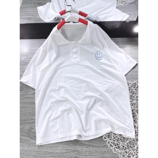 Áo Polo Nữ, Áo phông có cổ bẻ thêu hình thun basic cộc tay vải cotton phong cách trẻ trung, thêu mặt cười, form rộng đến 65kg