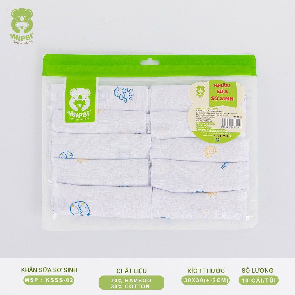 Set 10 khăn sữa sơ sinh mipbi dạng ô vuông nhỏ chất liệu 70% bamboo + 30% cotton siêu đẹp