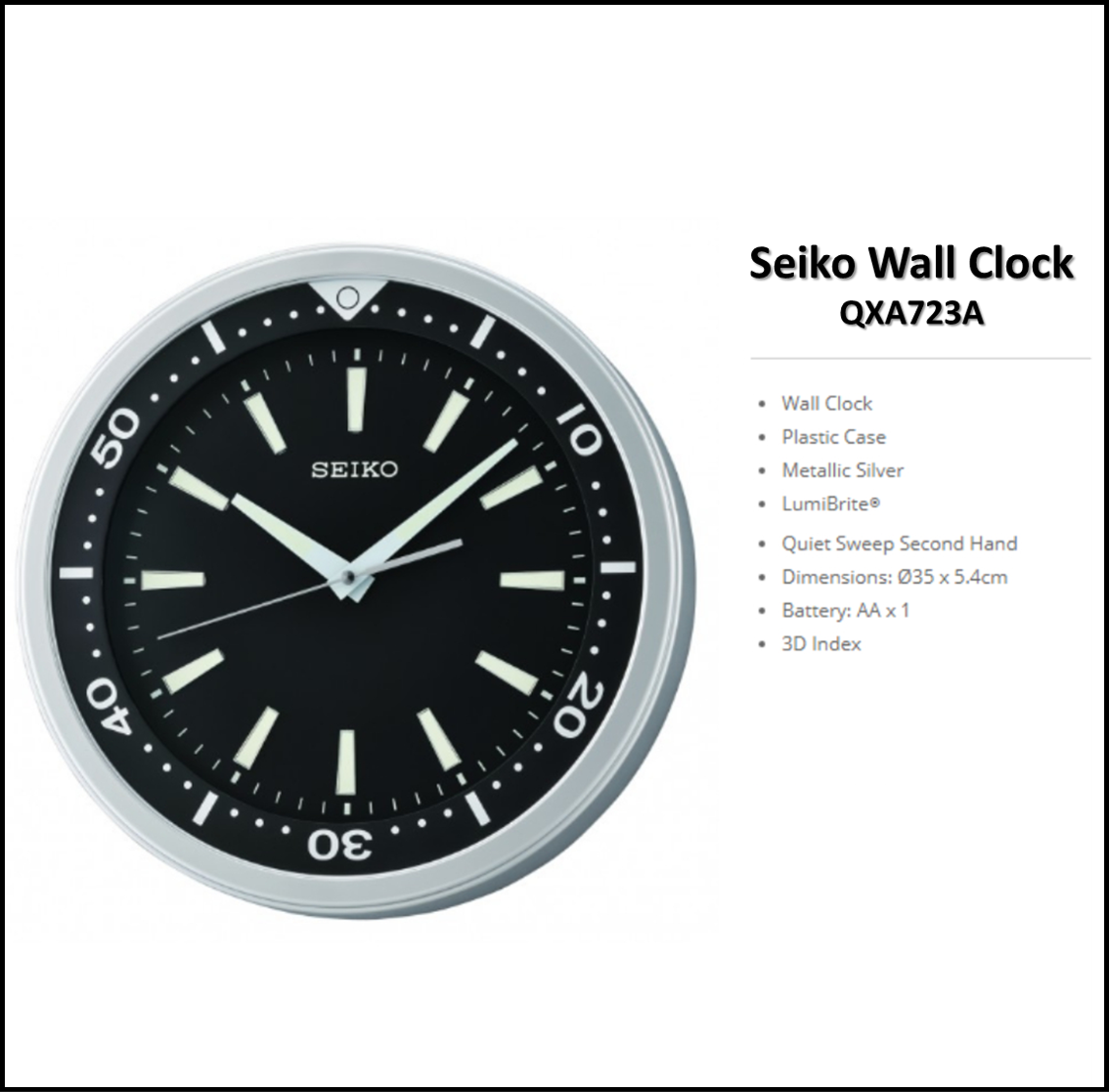 Seiko Wall Clock - Seiko 14 inch 3D Index with LumiBrite® 
