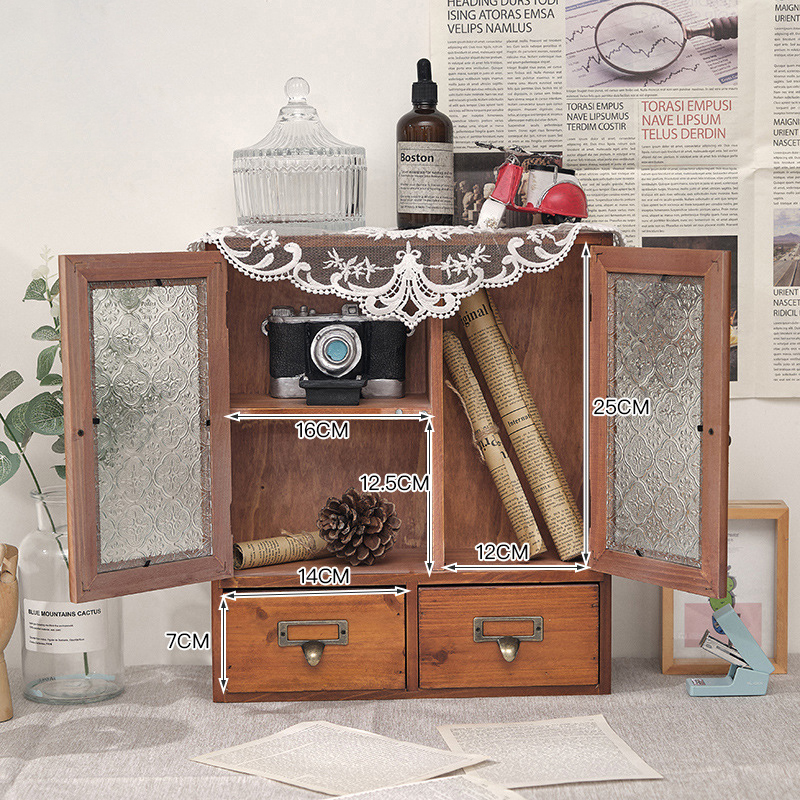 Double door retro storage box solid wood perfume cup storage cabinet cosmetics office wooden desk shelf