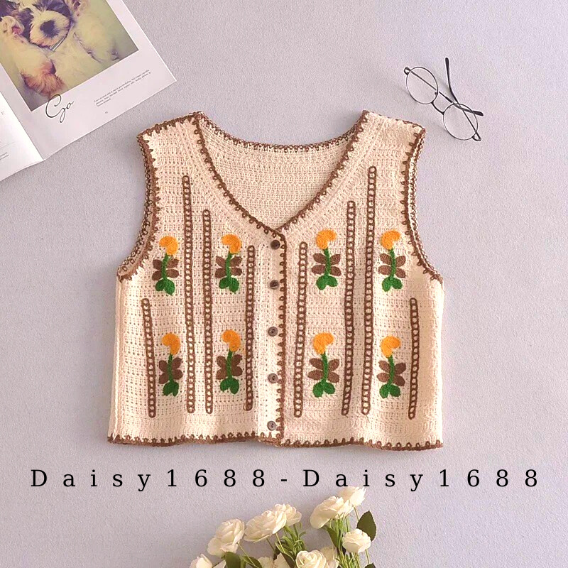 Áo Gile len móc thêu hoa nhiều mẫu, phong cách Vintage