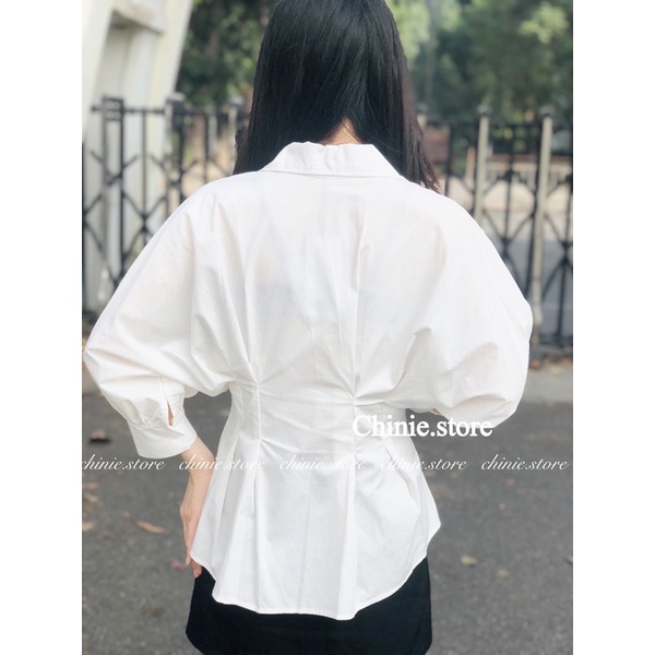 áo sơ mi nữ trắng công sở nhúm eo dáng xòe cá tính