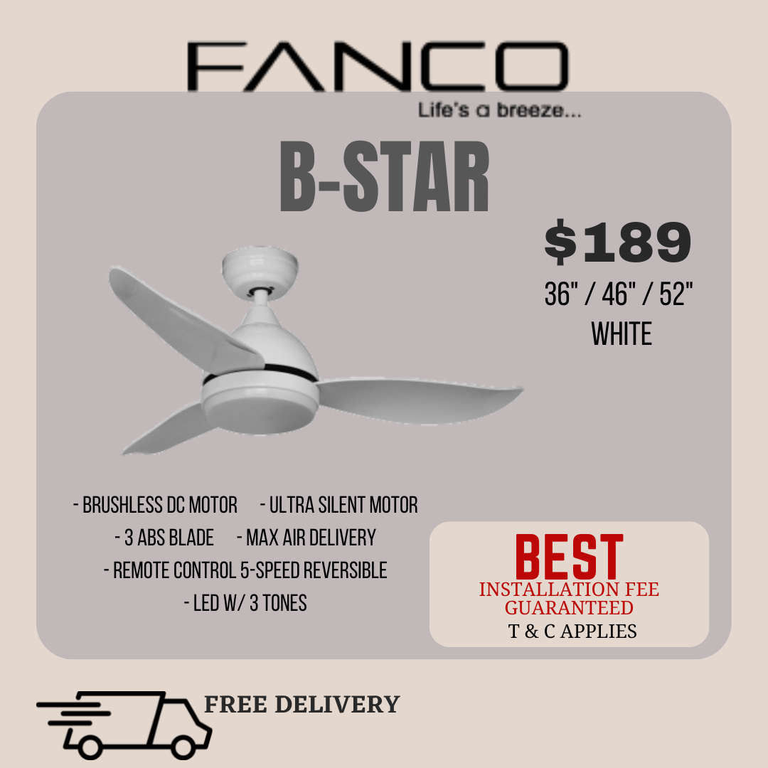 Fanco Bstar ceiling fan with light 36/46/52 inch dc motor with 3 tone