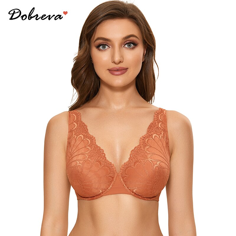 DOBREVA Women's Floral Lace Bra See Through Plunge Sheer Bras Transparent  Underwire Unlined Sexy Plus Size Minimizer