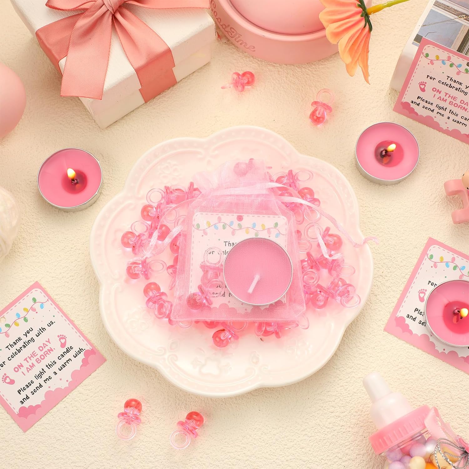 LZD Ctosree 50 Sets Baby Shower Favors for Guests 50 Pcs Cute Baby Pacifier  50 Pcs Tea Light Candles 50 Pcs Thank Tags 50 Pcs Chiffon Bags with  Drawstring for Birthday Gift (Pink)