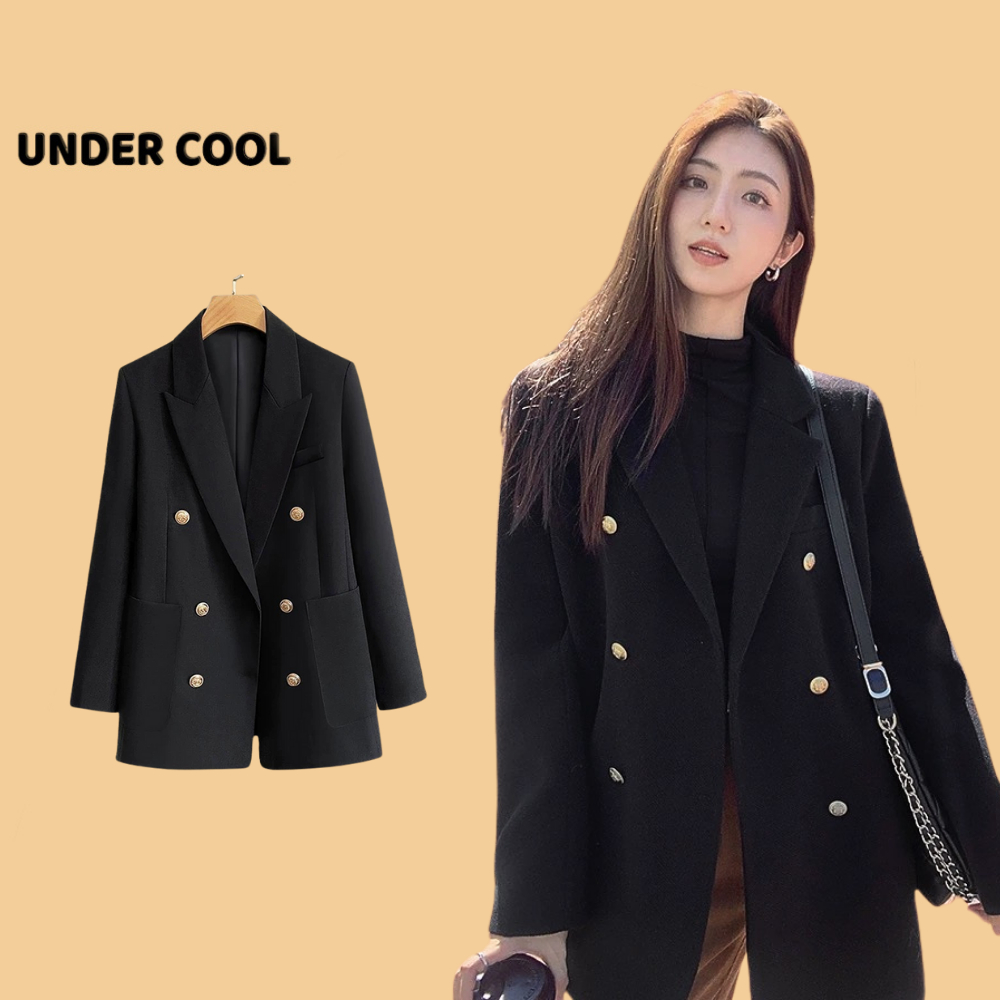 Áo blazer nữ dáng rộng 6 cúc kim kim loại undercool có độn vai màu đen trơn