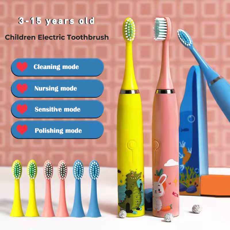 【Customer favorite】 Children's Electric Toothbrush Kid Cartoon Ultrasonic Sonic Electric Toothbrush with 5 Replacement Heads Electric Brush Children