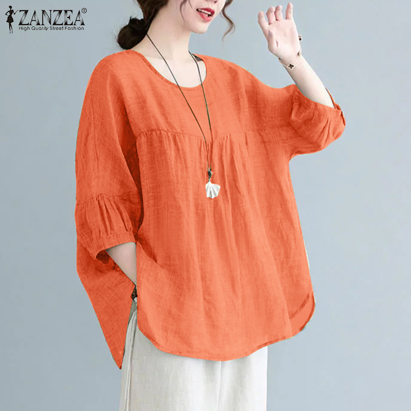 ZANZEA Womens Cotton Linen Solid Top Pullover Casual Loose O