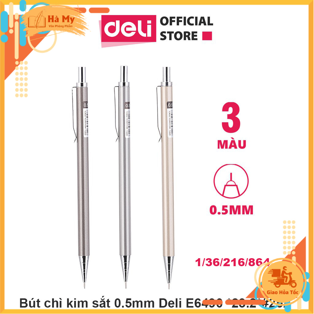 Bút chì kim bấm kỹ thuật 0.5mm/0.7mm Deli kèm đầu tẩy thân kim loại chắc chắn, chống hao mòn