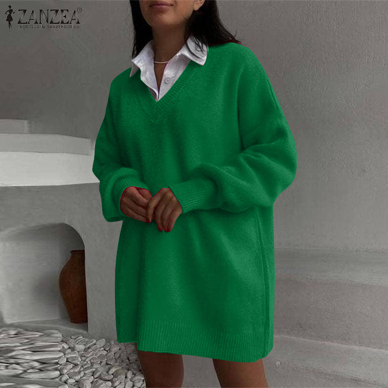 ZANZEA Women's Sweaters New Fashion Casual Plain Knitted Long Sleeve V-Neck Loose Pullover Sweaters #15