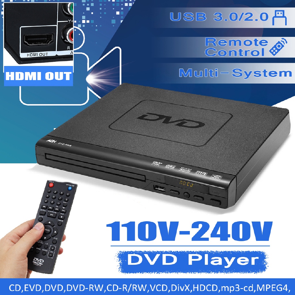 Multi System 1080P DVD Player Portable USB 2.0 3.0 DVD Player Multimedia Digital DVD TV Support HDMI CD SVCD VCD MP3 15W AC 110V-240V