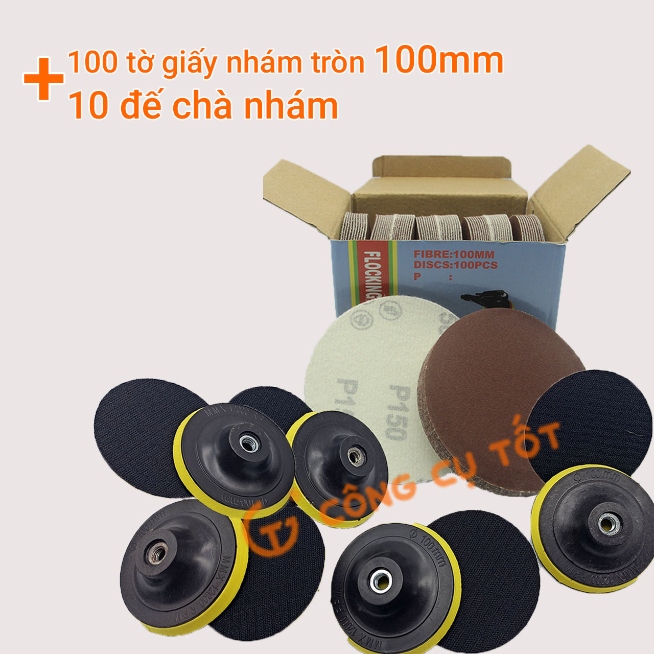 Combo 100 giấy nhám tròn và 10 đế chà nhám φ100mm