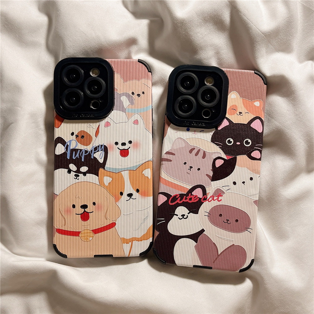 Pu soft case for iphone 11 12 13 14 15 pro max casing cartoon cat dog soft silicone back cover for iphone 6 7 8 plus xr xs max shell lens protection 14 15 plus shockproof phone case