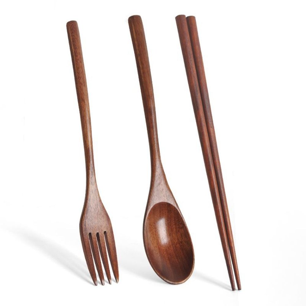 Rice Soups Gift Wooden Handmade Dinnerware Natural Kitchen Cutlery Tableware Utensils Sets Fork Chopsticks Spoon Set.